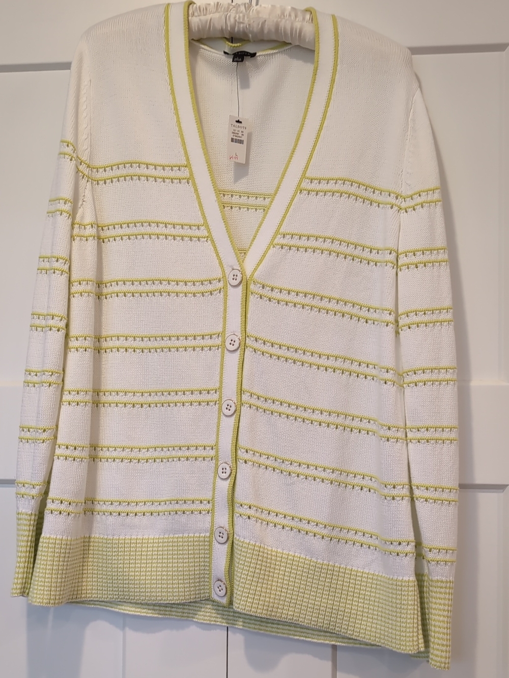 Talbots V-Neck Girlfriend Long Sleeve Lime/White Cardigan L nwt